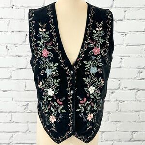 Vtg Chrysantheme Embroidered Velvet Vest Small Black Floral Boho 90s Grandmacore